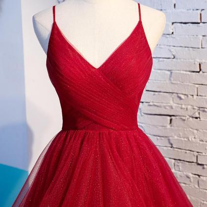 Beautiful Straps Tulle Long Wine Red Prom Dress,..