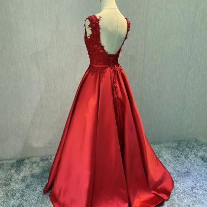 Red Satin And Lace V-neckline Long Party Dress,..