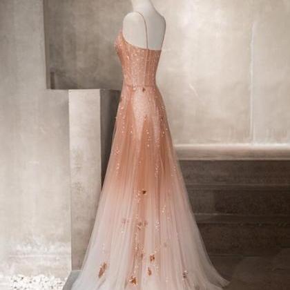 Beautiful Pink Tulle Straps Pearls Long Wedding..