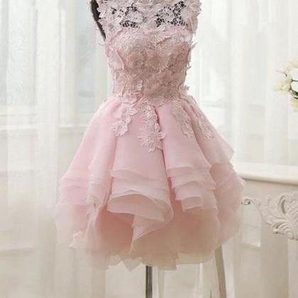 Short Pink Layers Lace Homecoming Dress, Pink..