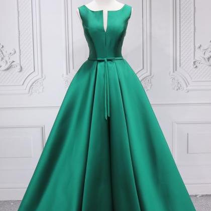 Green Satin Long A-line Prom Dress, Simple Party..