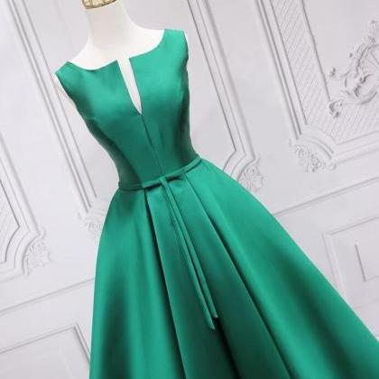 Green Satin Long A-line Prom Dress, Simple Party..
