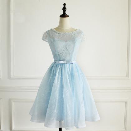 Blue Short Lace Prom Dress, Lovely Blue Knee..