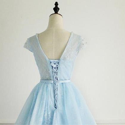 Blue Short Lace Prom Dress, Lovely Blue Knee..