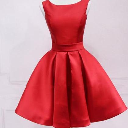 Cute Red Satin Knee Length Party Dress, Red..