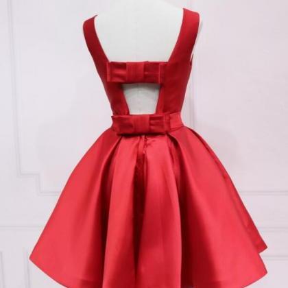 Cute Red Satin Knee Length Party Dress, Red..