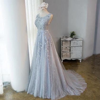 Beautiful Grey Long Tulle With Lace Bridesmaid..