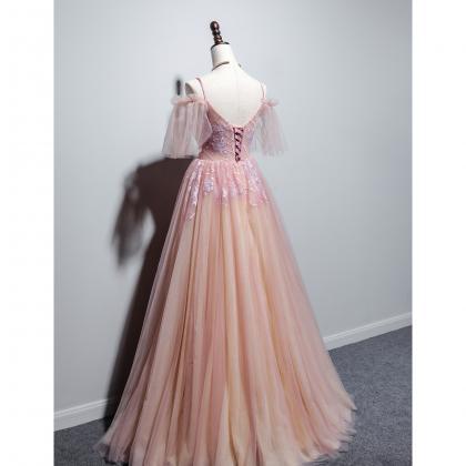 Beautiful Pink Straps V-neckline Tulle Floral Prom..