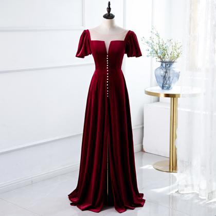 Elegant Wine Red Long Party Dress, A-line Velvet..