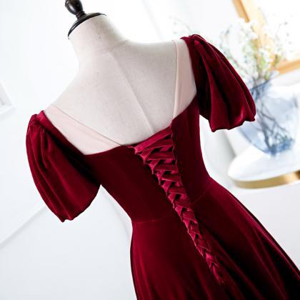 Elegant Wine Red Long Party Dress, A-line Velvet..