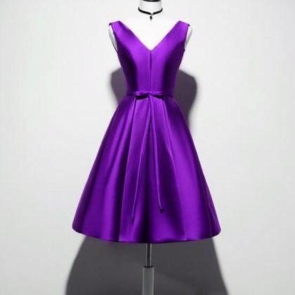 Purple Satin Cute Knee Length Party Dress, Short..