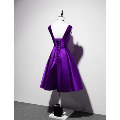 Purple Satin Cute Knee Length Party Dress, Short..