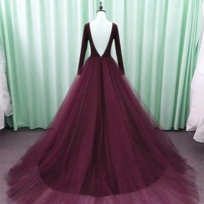 Beautiful Wine Red Tulle Long Sleeves Backless..