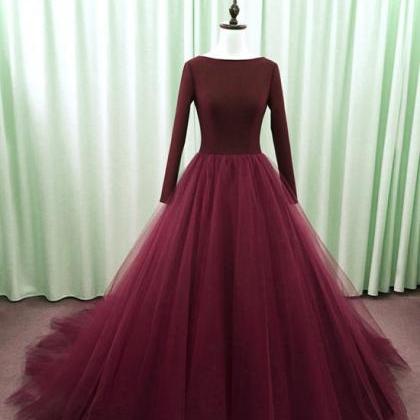 Beautiful Wine Red Tulle Long Sleeves Backless..
