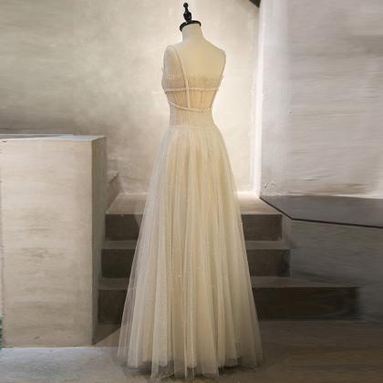 Beautiful Light Champagne Tulle Long Beaded Prom..