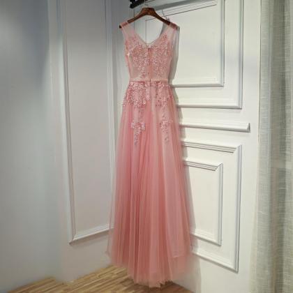 Pink Long Tulle V-neckline Party Dress,..
