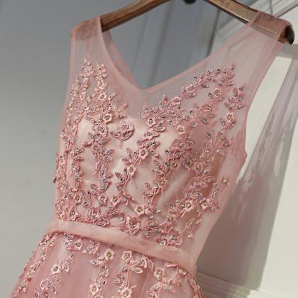 Pink Long Tulle V-neckline Party Dress,..