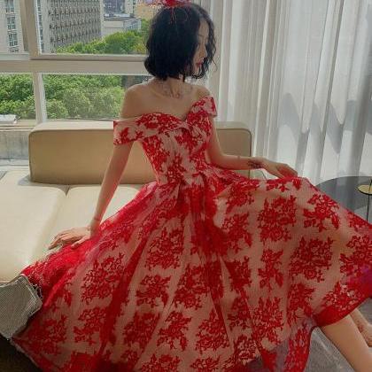 Charming Red Lace Tea Length Party Dress,..
