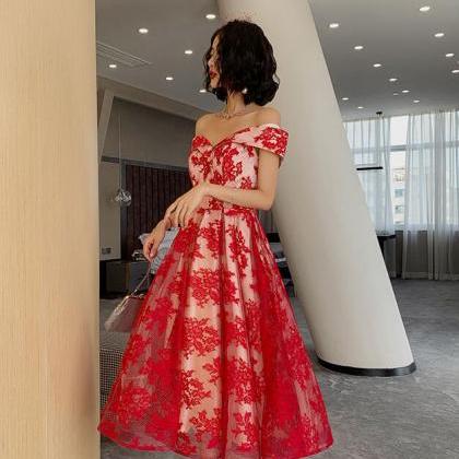 Charming Red Lace Tea Length Party Dress,..