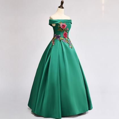 Charming Green Satin Off Shoulder Long Party Dress..