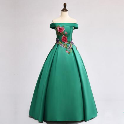 Charming Green Satin Off Shoulder Long Party Dress..