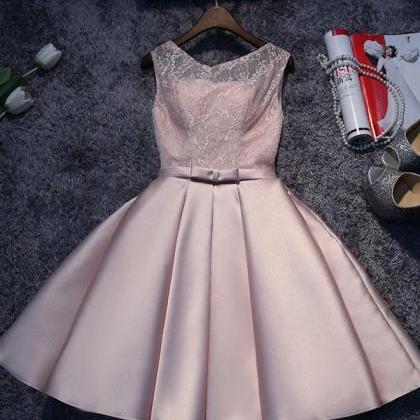 Cute Short Pink Lace And Satin Prom Dresses, Pink..