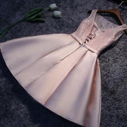 Cute Short Pink Lace And Satin Prom Dresses, Pink..