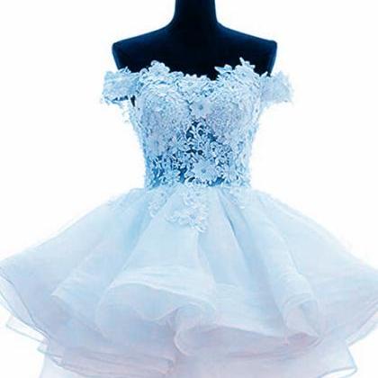 Light Blue Lace Applique Off Shoulder Party Dress,..