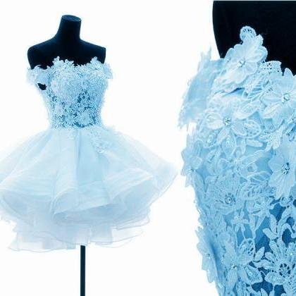 Light Blue Lace Applique Off Shoulder Party Dress,..