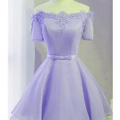 Lovely Light Purple Short Sleeves Tulle Prom Dress..