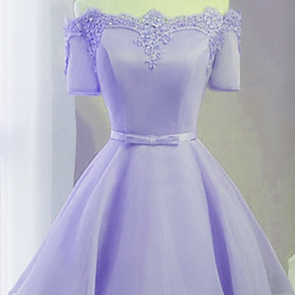 Lovely Light Purple Short Sleeves Tulle Prom Dress..