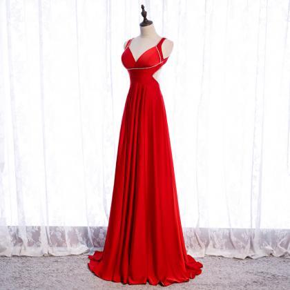 Red Satin Long Sexy Backless Long Straps Formal..