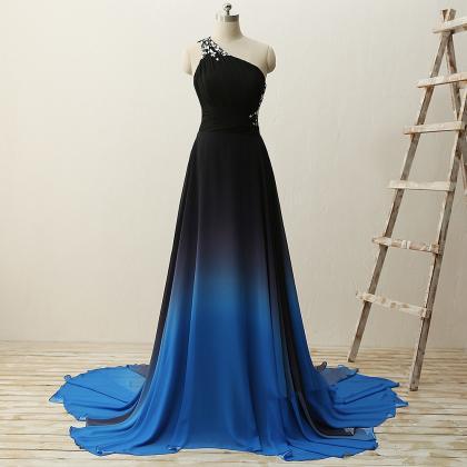 Charming Gradient Blue Beaded Chiffon Prom Dress,..