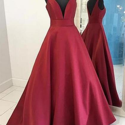 Dark Red Satin Deep V-neckline Long Prom Dress,..
