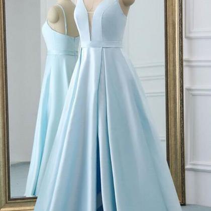 Light Blue Satin Simple Floor Length Prom Dress..