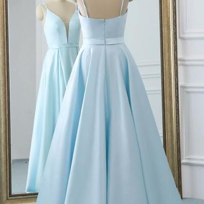 Light Blue Satin Simple Floor Length Prom Dress..