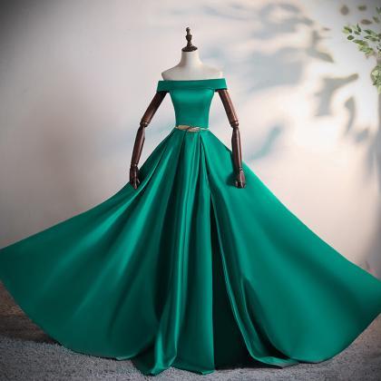 Green Satin Simple Off Shoulder Style Prom Dress,..