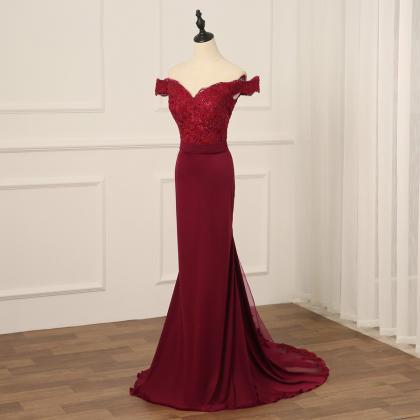Wine Red Mermaid Lace Top Off Shoulder Prom Dress,..