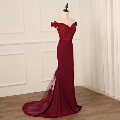 Wine Red Mermaid Lace Top Off Shoulder Prom Dress,..