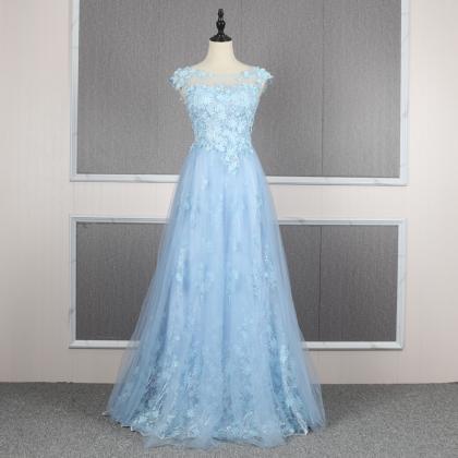 Cute Flowers Light Blue Tulle A-line Prom Dress,..