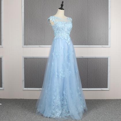 Cute Flowers Light Blue Tulle A-line Prom Dress,..