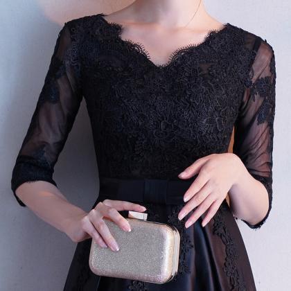 Black Short Sleeves Lace A-line Bridesmaid Dress,..
