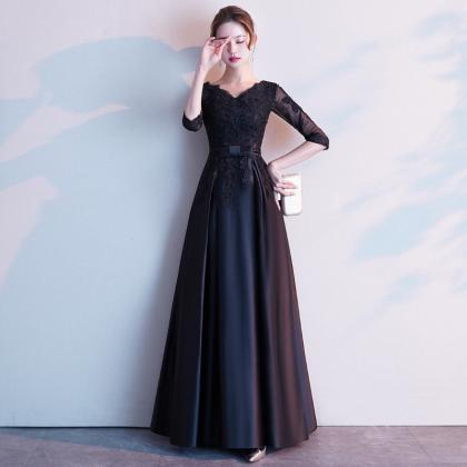 Black Short Sleeves Lace A-line Bridesmaid Dress,..