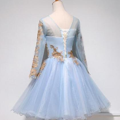 Light Blue Short Tulle With Lace Applique Party..
