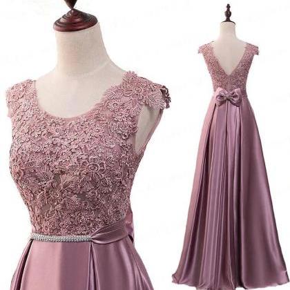 Pink Lace Top Satin Long Simple Bridesmaid Dress..
