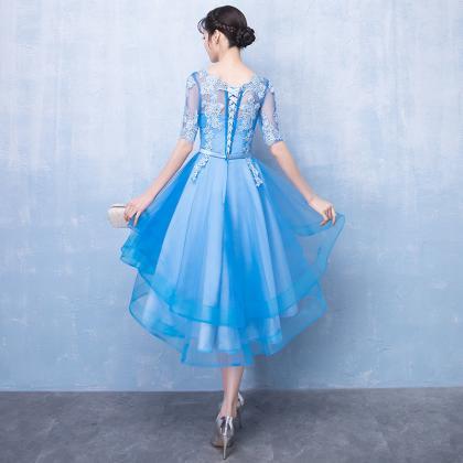 Blue High Low Short Sleeves Lace Party Dress, Blue..