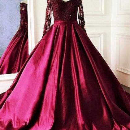 Burgundy Satin Long Lace Prom Dresses, Wine Red..