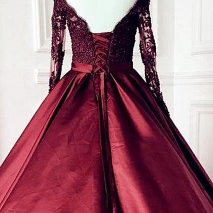 Burgundy Satin Long Lace Prom Dresses, Wine Red..