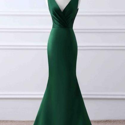 Dark Green Mermaid Satin Long Wedding Party Dress,..
