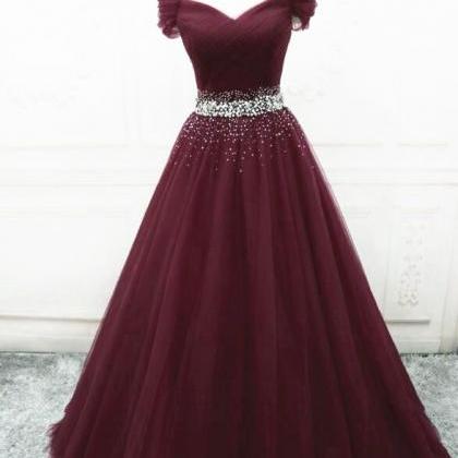 Burgundy Sequins Tulle Fashionable Tulle Long..